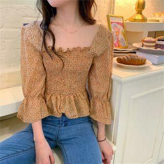 Floral Print Smocked Chiffon Blouse Orange - One Size