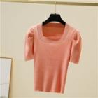 Puff Short-sleeve Square Neck Plain Light Knit Top