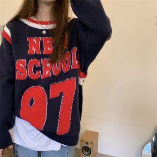 Mock Two-piece Lettering Sweater Navy Blue - One Size