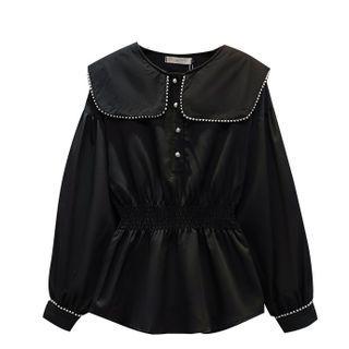 Long-sleeve Embellished Wide-collar Peplum Blouse