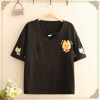 Cat Print V-neck Short-sleeve Top Black - One Size