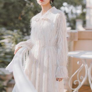 Fringed Tie-neck Bell-sleeve Midi A-line Dress