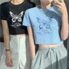 Short Sleeve Butterfly Print Crop T-shirt