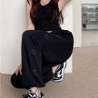 High-waist Heart Embroidered Wide-leg Pants Black - One Size