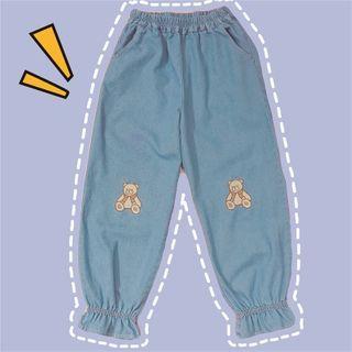 Bear Embroidered Band-waist Harem Jeans