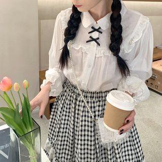 Long-sleeve Bow Frill Trim Blouse