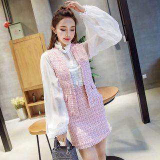 Set: Frill-trim Blouse + Sleeveless Buttoned Tweed Vest + Mini A-line Skirt