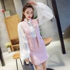 Set: Frill-trim Blouse + Sleeveless Buttoned Tweed Vest + Mini A-line Skirt