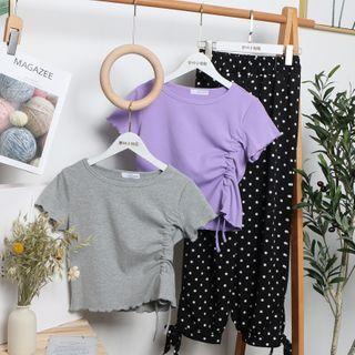 Drawstring Short-sleeve Cropped T-shirt / Tie-cuff Dotted Pants