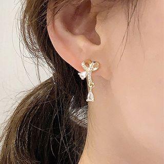 925 Sterling Silver Rhinestone Ribbon Drop Earring 1 Pair - One Size