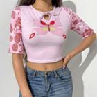Elbow-sleeve Floral Print Butterfly Crop Top