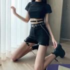 Short-sleeve Crop T-shirt / Grommet Belt / Shorts / Set