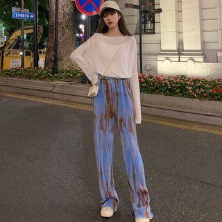 Long-sleeve Plain T-shirt / Tie-dye Straight Leg Wide-leg Pants