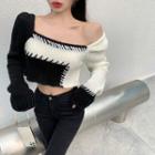 Square-neck Two-tone Cropped Sweater Black & White - One Size