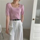 Square Neck Short Sleeve Knitted Crop Top