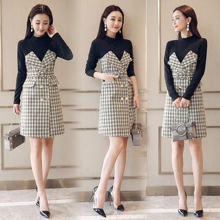 Knit Panel Plaid Sheath Dress With Belt