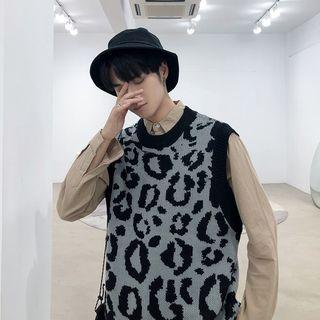 Couple Matching Contrast Trim Leopard Print Knit Vest