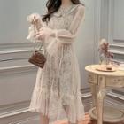 Faux Pearl Long-sleeve Midi Mesh Dress