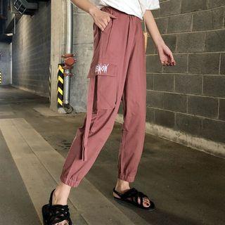 Embroidered Elastic Waist Cargo Pants