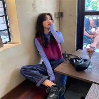 Plain Cutout Long-sleeve Slim-fit T-shirt / V-neck Knit Vest