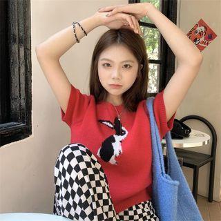 Short-sleeve Rabbit Print Knit Top
