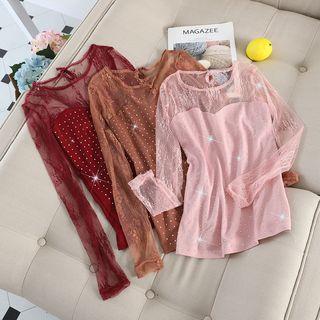 Long-sleeve Embellished Mesh Top
