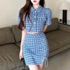 Short-sleeve Houndstooth Cropped Blouse / Houndstooth Skirt