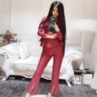Set: Long-sleeve Peplum Top + Slit Pants