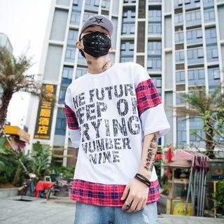 Elbow-sleeve Plaid Panel Lettering T-shirt