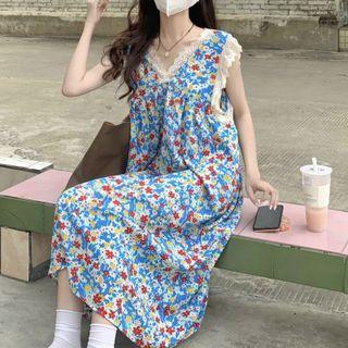Floral Lace-trim Sleeveless Dress Blue - One Size