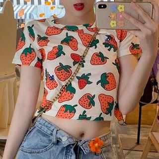 Short-sleeve Strawberry Print Crop T-shirt