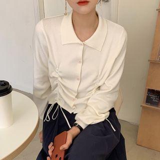Polo Collar Drawstring Blouse Knit Top - Off-white - One Size
