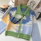 Color Panel Lapel Long-sleeve Jacquard Knit Knit Jacket Blue - One Size
