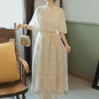 Mandarin Collar Cape-sleeve Embroidered Mesh Midi A-line Dress