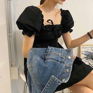 Frilled Square-neck Short-sleeve Dress Black - One Size