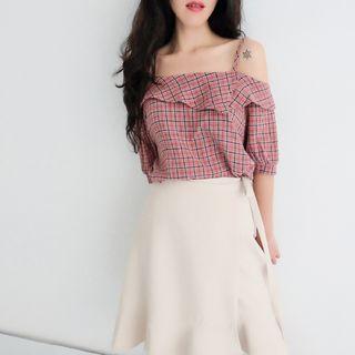 Plaid Cold Shoulder Elbow-sleeve Blouse