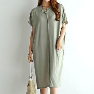 Drop-shoulder Open-placket Midi Dress