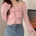 Long-sleeve Off Shoulder Plain Ruched Top