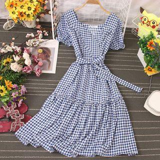 Gingham Tie-waist Midi A-line Dress