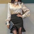 Ribbon-neck Blouse / Fitted Mini Skirt