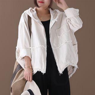 Frayed Trim Hooded Zip-up Jacket
