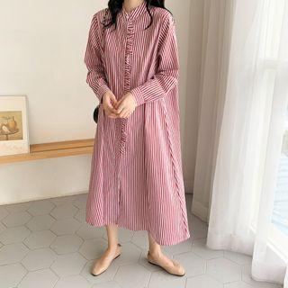 Long-sleeve Ruffled Striped Shirtdress