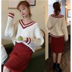 Contrast Trim Rib Knit Sweater / Straight-fit Knit Skirt