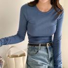 Round-neck Ribbed Top Light Blue - One Size