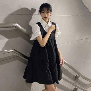 Ruffled Short-sleeve Shirt + Layered Overall Dress