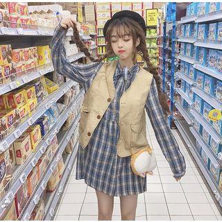 Button Vest / Long-sleeve Mini Plaid Dress
