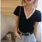 Short-sleeve Lace Trim T-shirt T-shirt - Short Sleeve - Lace - Black & White - One Size