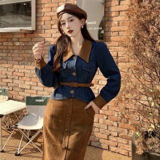 Denim Jacket / Belt / Midi A-line Skirt / Set