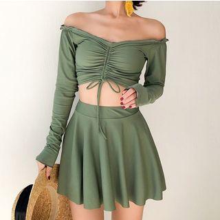 Set: Color Shoulder Swim Top + A-line Skirt