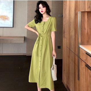Square-neck Plain Shirtdress With Sash